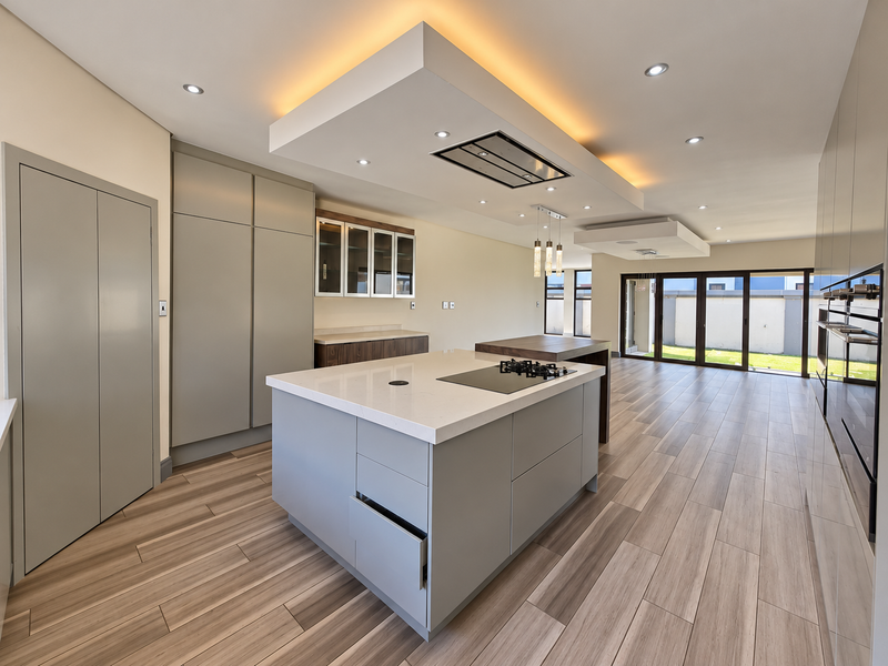 Modern open-plan kitchen featuring a central island with hob, integrated appliances, recessed ceiling lighting, and seamless access to the outdoor area.
