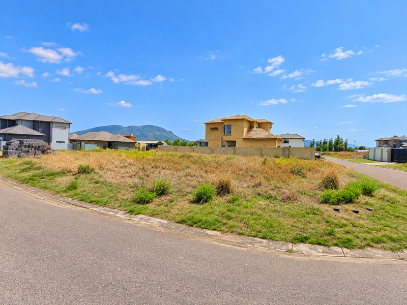 A vacant residential corner plot featuring natural grass coverage, bordered by a paved road, concrete curbing, and existing boundary walls in a suburban estate.