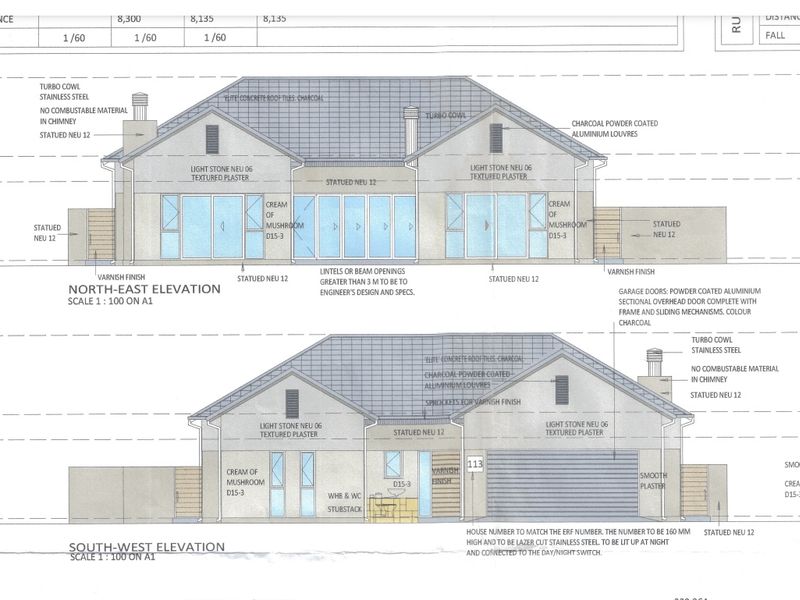 Architectural elevation drawings showing the North-East and South-West facades of the proposed house design with specified finishes and materials.