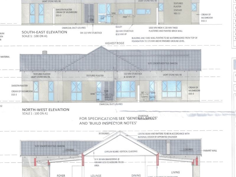 Architectural floor plan and elevation drawings detailing the structural specifications, roof design, and wall finishes for the property.