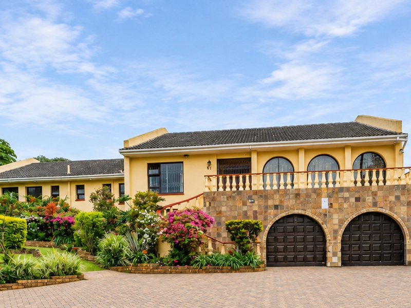 A well-maintained double-story residence featuring a paved driveway, stone-clad double garage, and an upper-level balcony with arched architectural details.