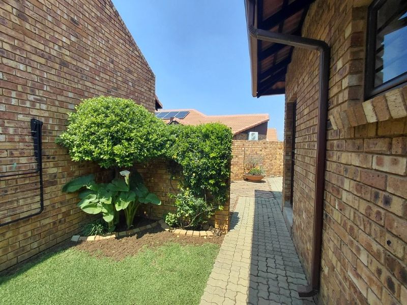 A side passage of a face brick house featuring a paved walkway, landscaped garden area, and downpipe drainage system.
