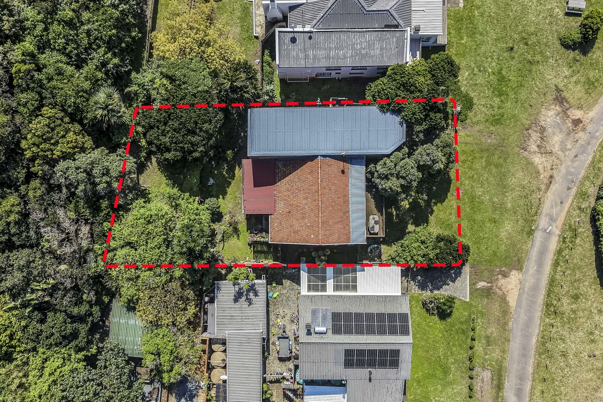 Aerial view of the property showing the roof structure, surrounding garden, and driveway access.
