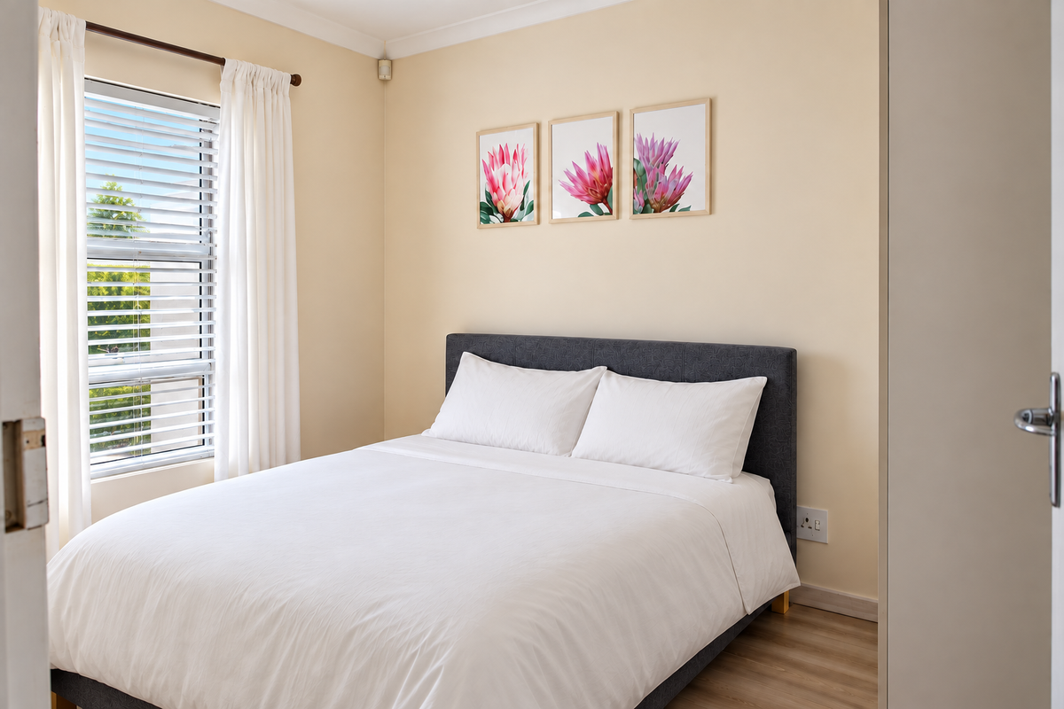 A well-maintained bedroom featuring light-toned laminate flooring, neutral wall finishes, and a window fitted with venetian blinds.