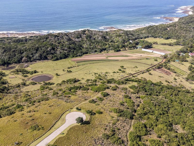 An aerial view of a large coastal residential land parcel featuring natural vegetation, agricultural plots, a small pond, and a paved access driveway.