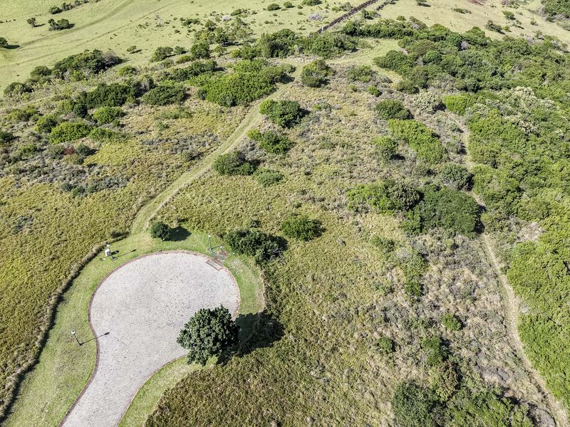 Aerial view of a vacant residential plot featuring a gravel driveway turnaround and established natural vegetation.