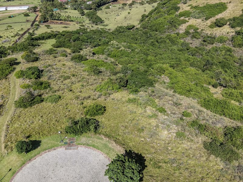 Aerial view of a sloped residential vacant land plot featuring a paved circular driveway and established indigenous vegetation.