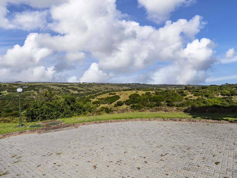 A scenic view overlooking rolling green hills and natural landscape from a paved residential driveway area.