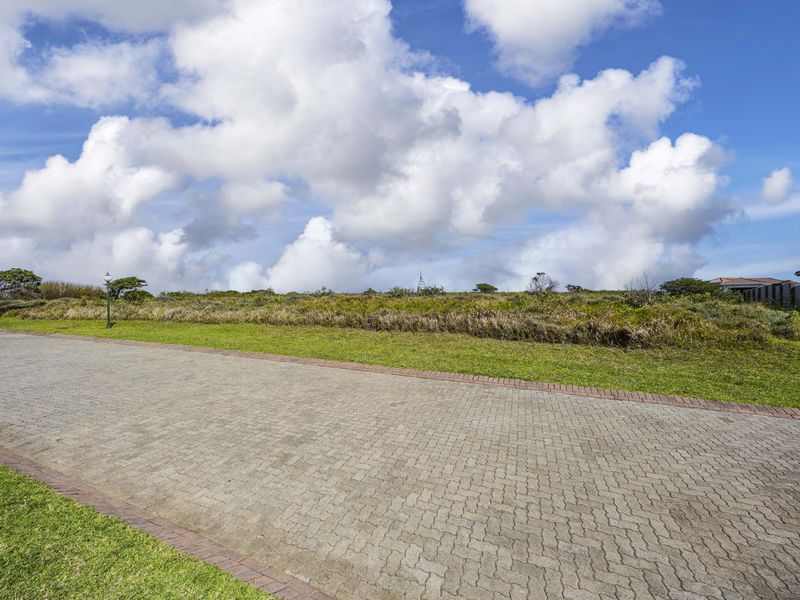 A clear street-level view of a vacant residential plot featuring a paved driveway and established grass verge under a bright sky.