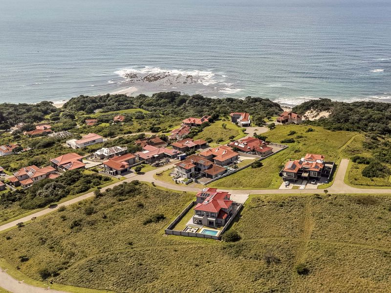 An aerial view of a coastal residential estate featuring multiple homes, paved roads, and surrounding natural vegetation overlooking the ocean.