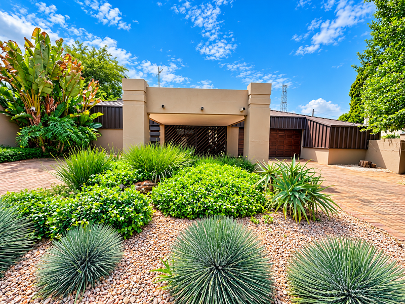 A well-maintained front exterior featuring a brick paved driveway, a covered entrance portico, and established landscaped gardens with modern architectural elements.