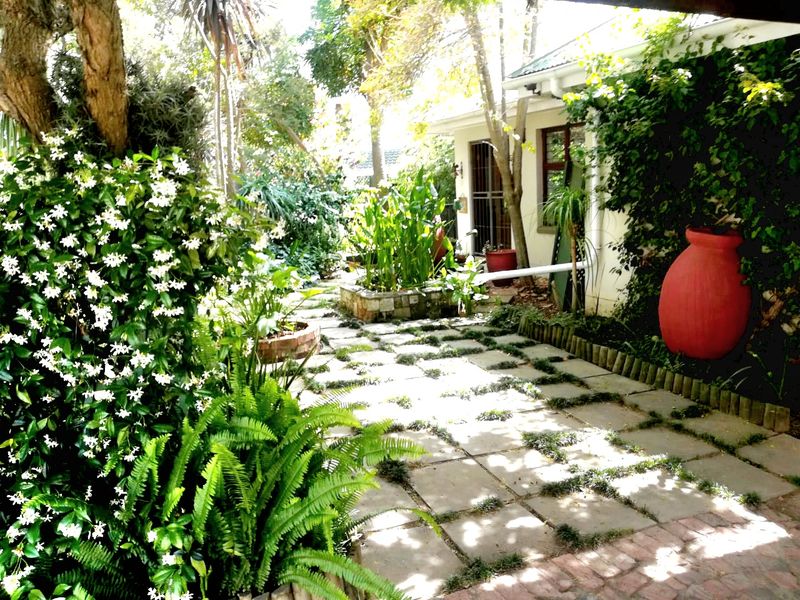 A lush, well-established garden featuring a paved walkway, raised stone planters, and mature greenery adjacent to the property exterior.