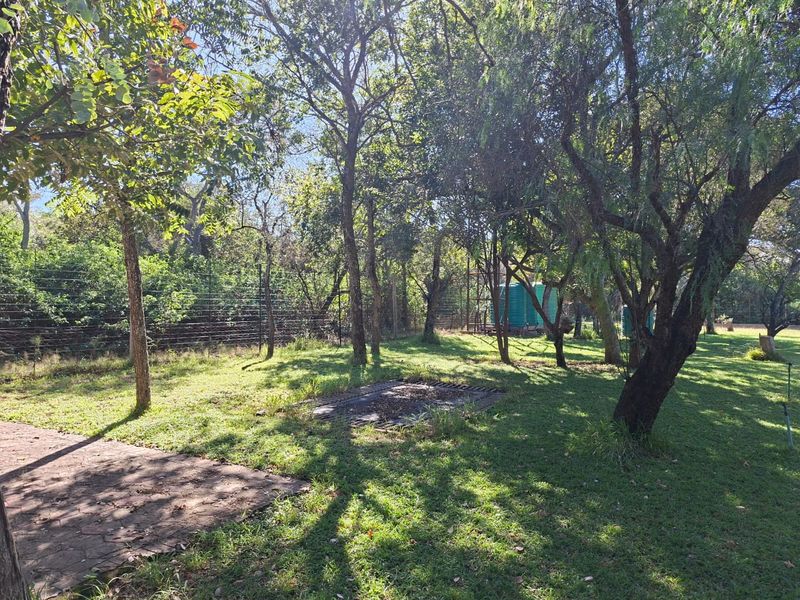 A spacious, tree-filled garden area featuring wire mesh perimeter fencing, a water storage tank, and a paved section.