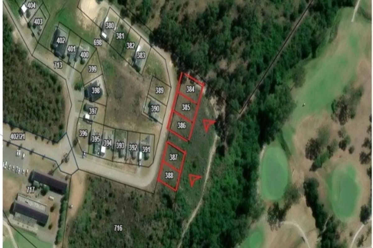 Aerial satellite view showing land parcels 384 through 388 within a residential estate development.