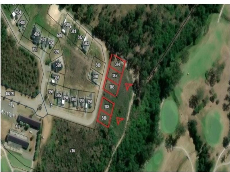 Aerial satellite view showing land parcels 384 through 388 within a residential estate development.