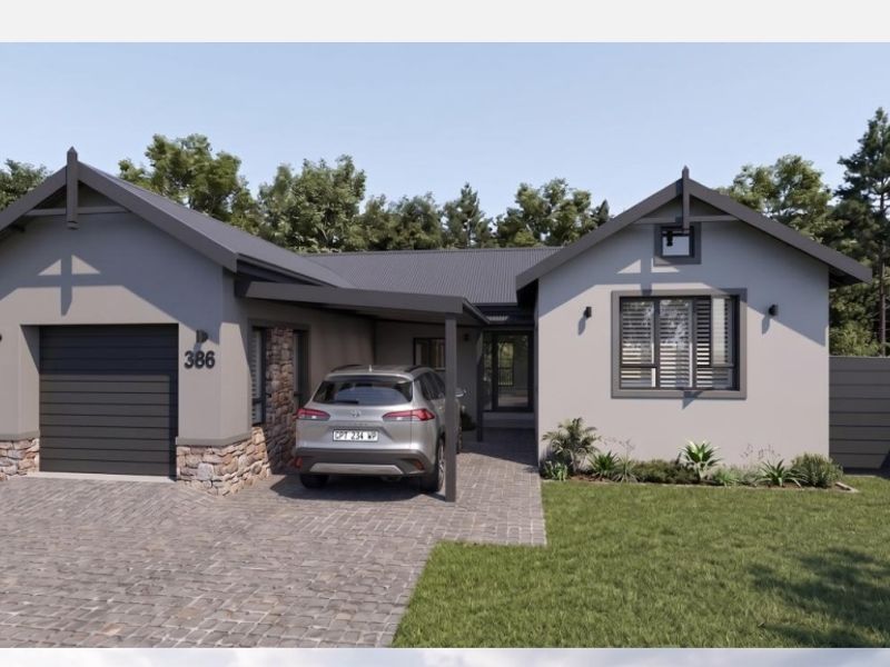 Modern single-story house exterior featuring a garage, paved driveway, carport, and stone cladding accents.