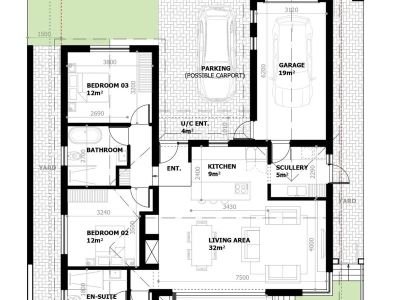 A detailed architectural floor plan showing the layout of a house including three bedrooms, kitchen, scullery, living area, garage, and outdoor deck.