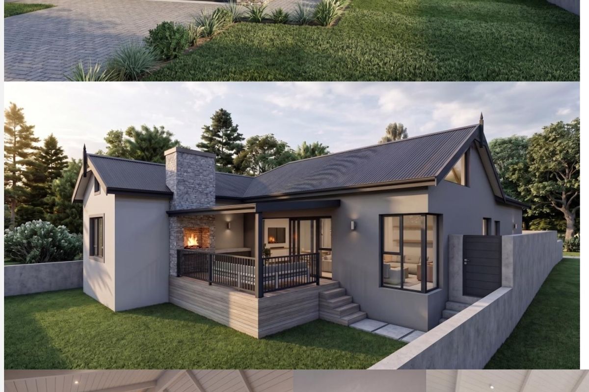 A modern residential property featuring a front facade with garage, a rear patio with outdoor fireplace, and an open-plan interior with vaulted ceilings.