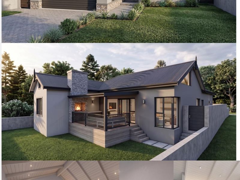 A modern residential property featuring a front facade with garage, a rear patio with outdoor fireplace, and an open-plan interior with vaulted ceilings.