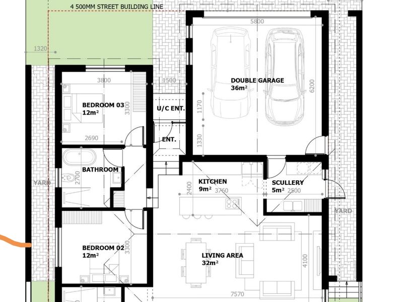 A detailed architectural floor plan showing the layout of the house, including bedrooms, living areas, kitchen, scullery, and double garage.