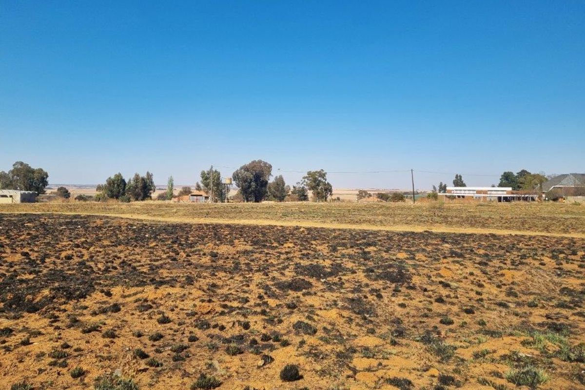 A wide view of a vacant residential plot featuring scorched earth, distant trees, a water tank, and overhead power lines.