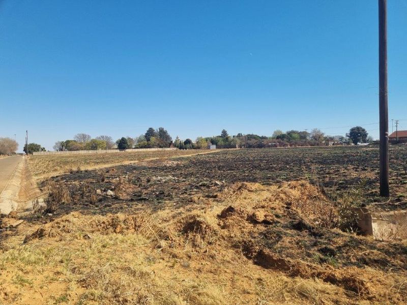 A vacant residential plot featuring a concrete drainage channel and utility pole, with signs of recent vegetation clearing or fire damage.