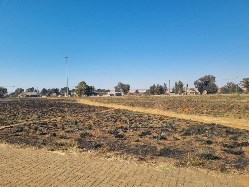 A view of a vacant residential plot featuring a paved driveway entrance and open, undeveloped land under a clear sky.
