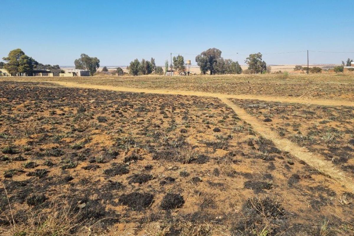 A wide-angle view of a vacant residential plot featuring dry, scorched earth and distant trees with a visible water tank.