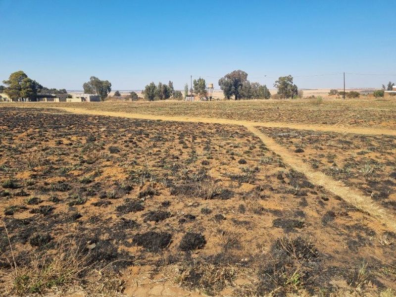 A wide-angle view of a vacant residential plot featuring dry, scorched earth and distant trees with a visible water tank.