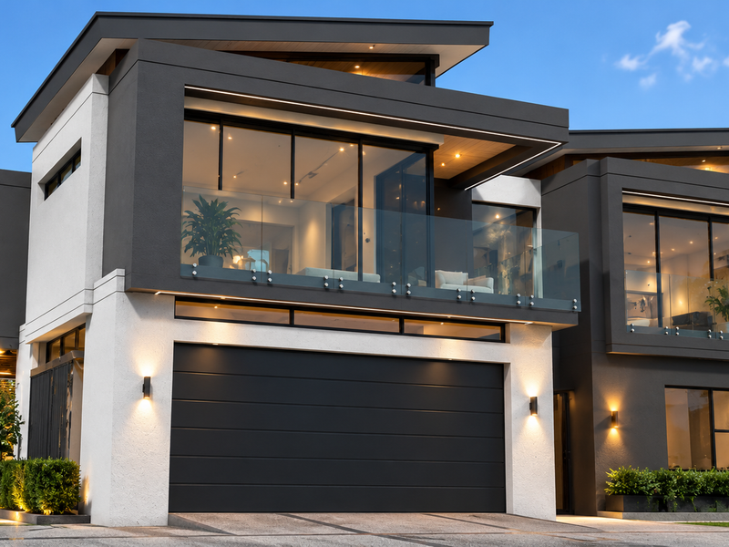 A striking modern two-story residence featuring a sleek dark and white facade, large glass balconies, and a spacious integrated garage.
