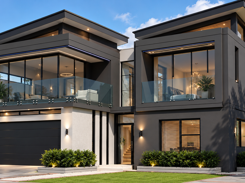 A modern two-story luxury residence featuring a sleek dark facade, glass balconies, integrated garage, and contemporary architectural design.