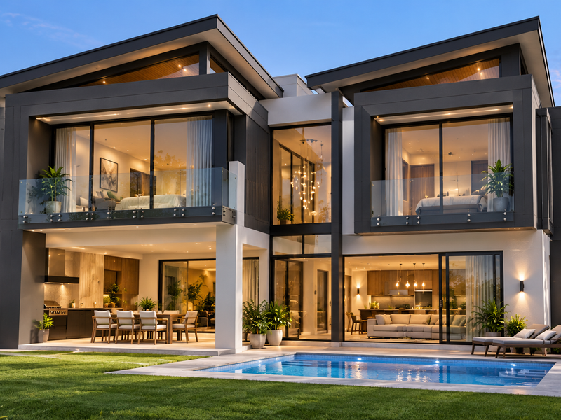 Modern luxury two-story residence featuring a swimming pool, expansive glass sliding doors, covered patio, and integrated outdoor kitchen area.