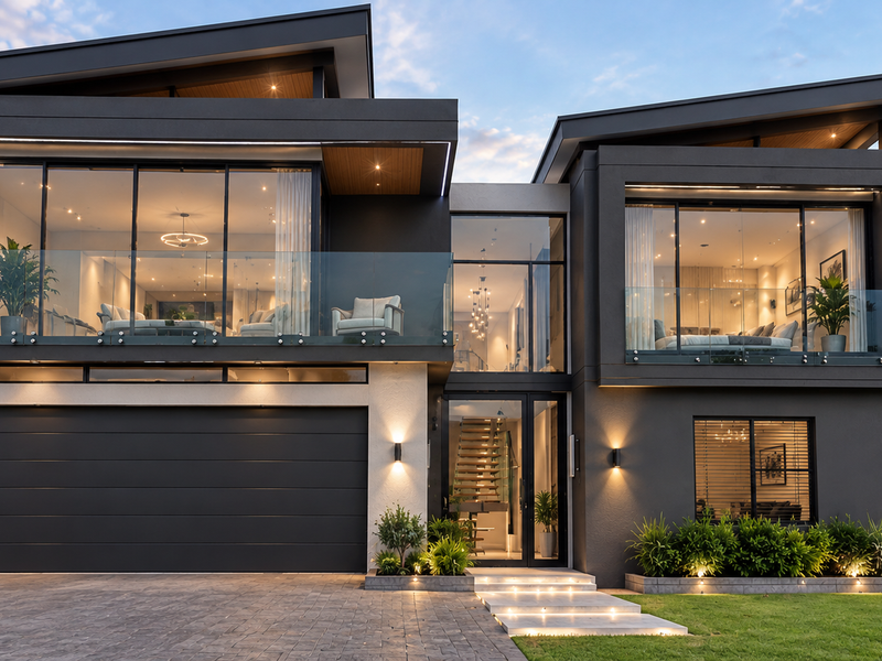 A stunning modern two-story residence featuring a double garage, expansive glass balconies, and sophisticated architectural lighting set against a beautifully landscaped front garden.