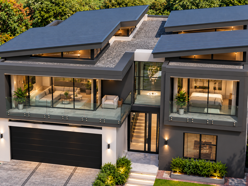 Modern two-story luxury residence featuring a striking skillion roof design, expansive glass balconies, and a paved driveway with integrated exterior lighting.