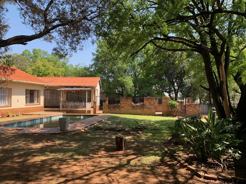 Rear garden view featuring a swimming pool, paved surround, covered patio, and established trees, set against a brick boundary wall.