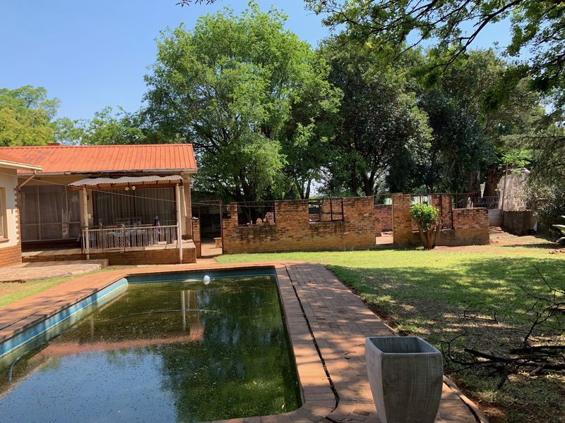 Rear garden area featuring a swimming pool, covered patio, and brick boundary wall, requiring significant maintenance and landscaping to restore the outdoor space.