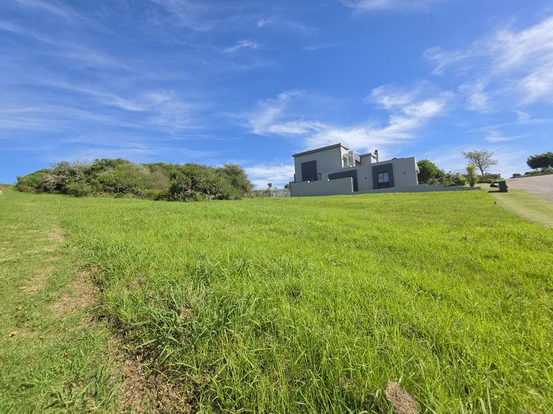 A view of a vacant residential plot featuring a grassy lawn and native vegetation, with a modern house visible in the background.