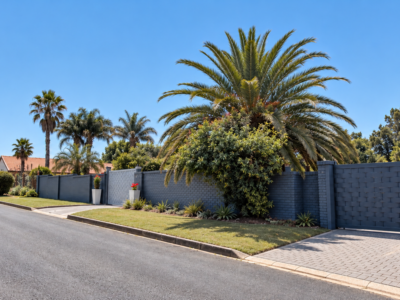 A clear street-level view of the property frontage, featuring a well-maintained dark brick boundary wall, paved driveway entrance, and mature landscaping.
