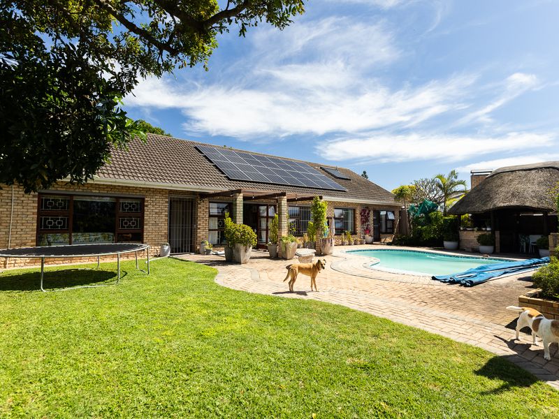 Rear exterior view featuring a brick house with solar panels, a swimming pool, paved patio area, and a traditional thatched lapa.