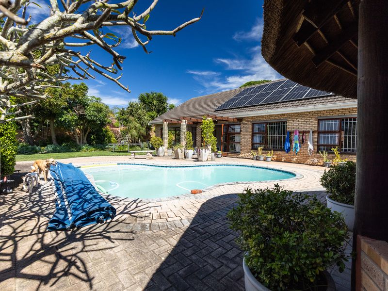 Outdoor pool area featuring brick paving, a thatched lapa, and solar panels installed on the main house roof.