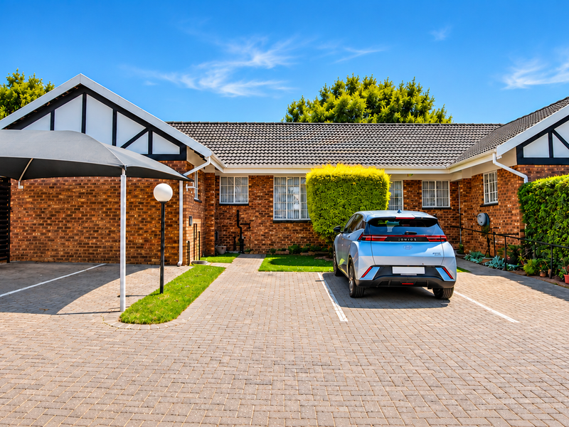 Front exterior view of a townhouse featuring a brick facade, tiled roof, paved driveway, and a shade sail carport.