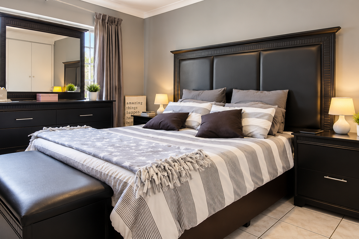 A well-maintained bedroom featuring tiled flooring, neutral wall tones, and built-in storage cabinetry.