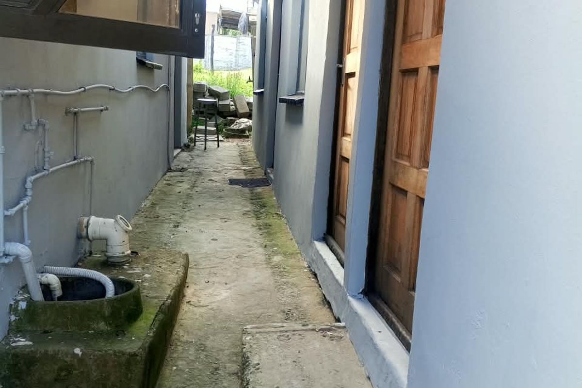 A narrow exterior side passage featuring concrete pathways, external plumbing fixtures, and timber access doors leading to the rear of the property.