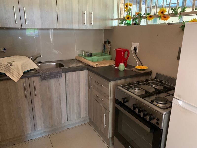 Compact kitchen featuring light wood-grain laminate cabinetry, a stainless steel sink, tiled splashback, and a freestanding gas stove.