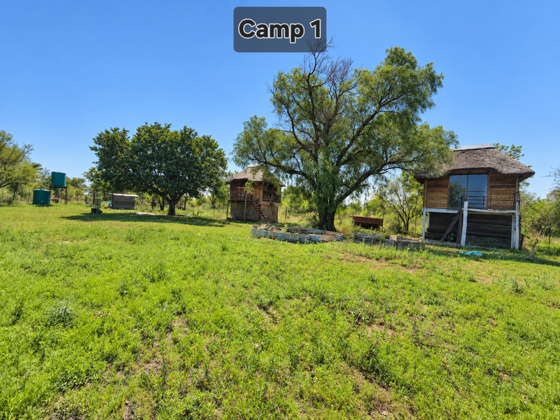 A rural farm camp area featuring elevated thatched-roof cabins, water storage tanks, and open grazing land under a clear sky.