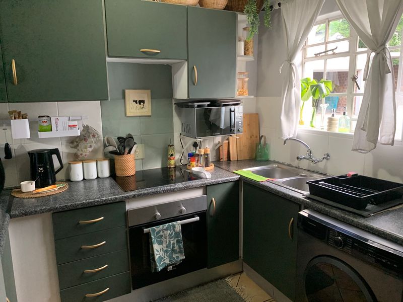 Compact kitchen featuring dark green cabinetry, laminate countertops, integrated oven and hob, and a double bowl sink with a window view.