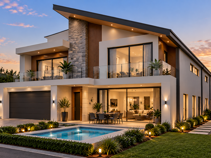 Modern double-story residence featuring a swimming pool, landscaped garden, stone-clad facade, and expansive glass sliding doors leading to a covered patio area.