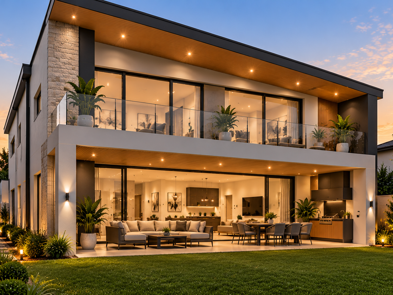 Modern two-story residence featuring a spacious ground-floor patio with an outdoor kitchen, glass balustrade balcony, and beautifully landscaped garden at dusk.