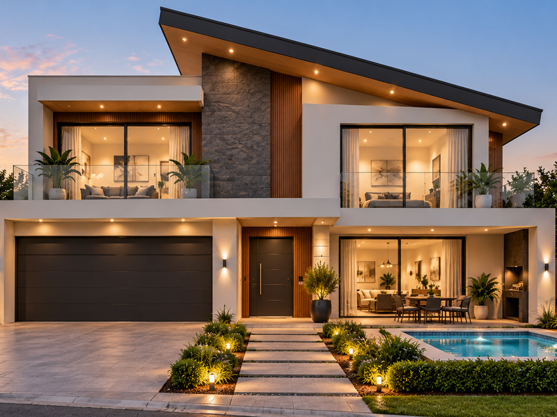 A stunning modern two-story residence featuring a sleek facade, integrated garage, private swimming pool, and expansive glass sliding doors opening to outdoor living spaces.