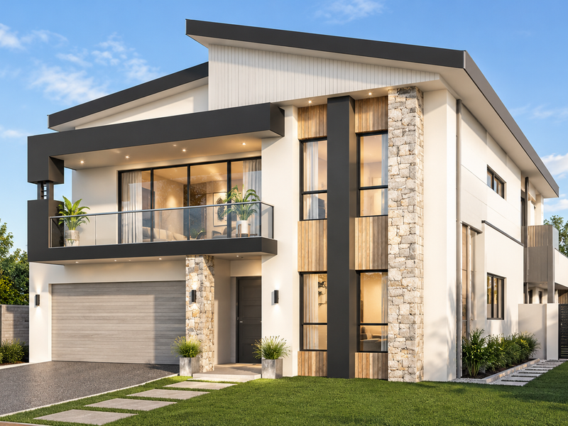 Modern two-story residential facade featuring a mix of stone and timber cladding, a glass-fronted balcony, and a double garage.